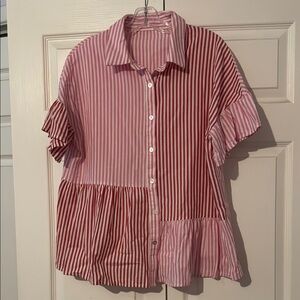 Red, Pink, and White Striped Button-Up Blouse